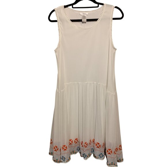 Esley White Sleeveless Dress Embroidered Hem Pom-Pom Trim Sz L Fairy Cottagecore - Picture 1 of 11